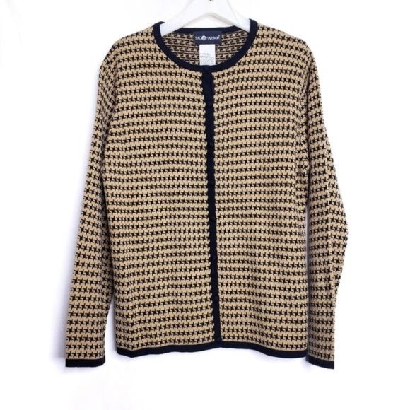 Sag Harbor Houndstooth Tan & Black Button Cardigan Sweater Women's Size Medium - Picture 1 of 7